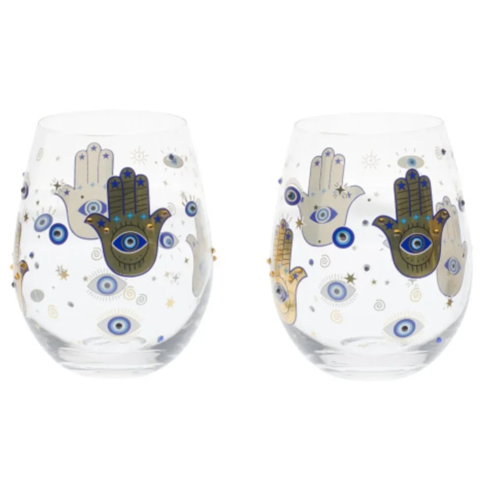 LOVE + LIGHT Wine Glasses Set Of 2 Hamsa Stemless Hamsa Evil Eye Stemless